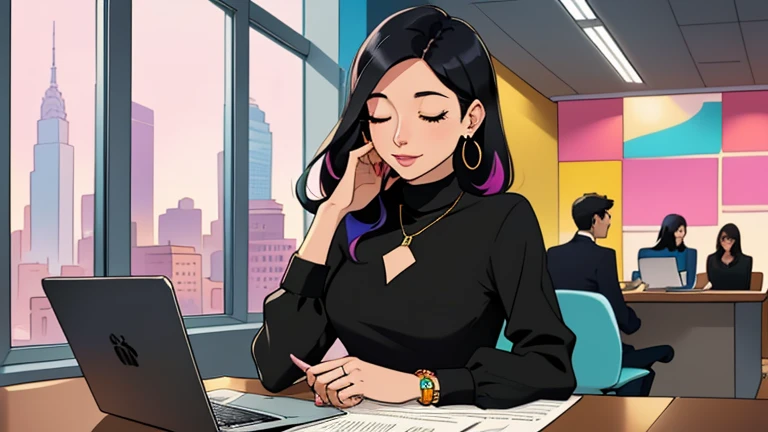 In the background there are many desks and people, Beautiful black-hair woman in her 30s sitting pink chair in an spacious and colorful office. looking down and closing her eyes, relaxed atmosphere, cozy, LOFI girl, blouse, desk, documents, laptop, pen, watch, smartphone, stationery, wide glass window, only five fingers, New York, colorful, can see skyscrapers outside the window, colorful wall, pierced earrings, ring, cabinet, offee cup, Well-proportioned face,