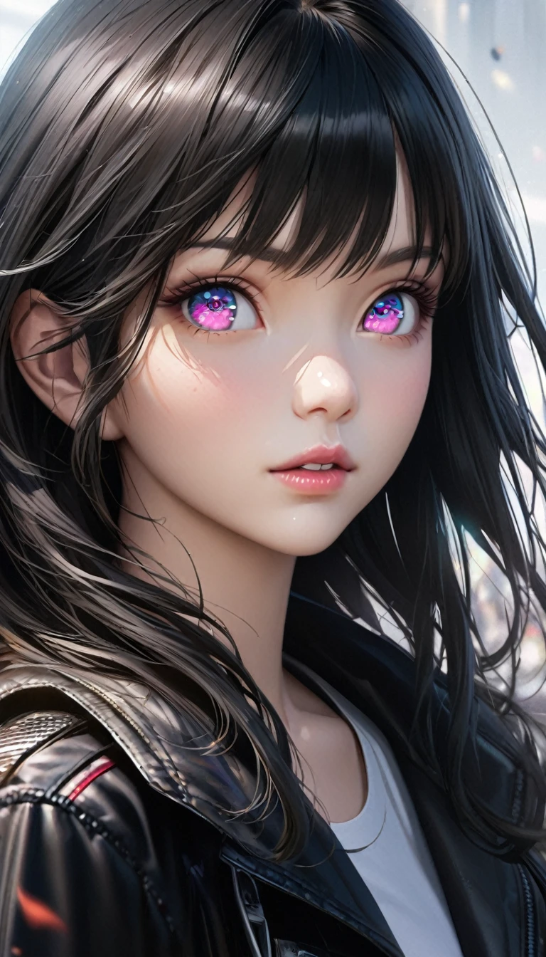 1girl, long black hair, white shirt, black jacket, anime style, detailed portrait, pixiv, beautiful detailed eyes, beautiful detailed lips, extremely detailed face and eyes, long eyelashes, anime character, character art, charming anime girl, female anime character, cg, digital painting, photorealistic, ultra-detailed, 8k, highres, masterpiece, professional, vivid colors