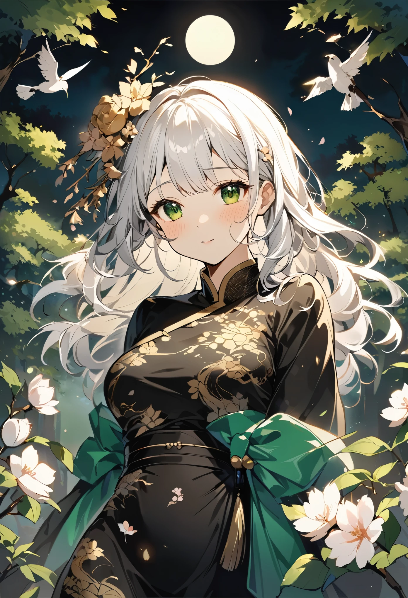 Highest quality, Ink painting style, Fresh and elegant, Clear lake, Facial Correction,Cute and shy,When the sun goes down, the cherry blossoms fall,White Hair, Girl with gold pattern in black cheongsam, Blow on my head on the flower wind, Forest dotted with green leaves, The birds are singing merrily, Poetic scene