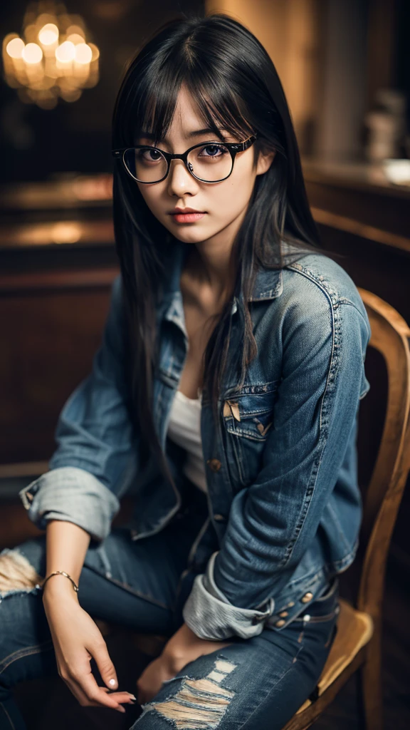 cute dark toned Chinese girl wearing glasses,tight jeans,sitting on a chair,focused expression,detailed facial features,intricate clothing textures,cinematic lighting,moody atmosphere,photorealistic,8k,masterpiece