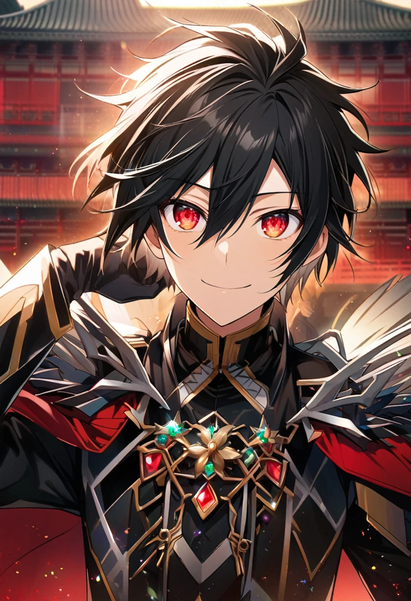 Hyakuya Yuuichiro \(AKB0048 Next Stage\), (short hair), (black hair), (bejeweled eyes), (red eyes):1.2, black costume, soft expression, smiling gently, cape, ((ultra-detailed)), ((illustration)), (neat hair)), (beautiful detailed eyes), male, 1boy, ((imperial palace)), looking at viewer