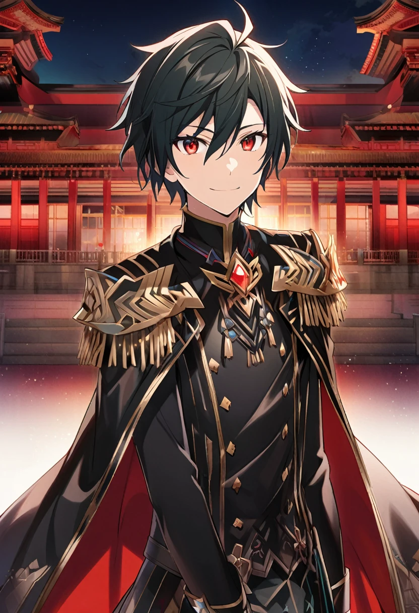Hyakuya Yuuichiro \(AKB0048 Next Stage\), (short hair), (black hair), (bejeweled eyes), (red eyes):1.2, black costume, soft expression, smiling gently, cape, ((ultra-detailed)), ((illustration)), (neat hair)), (beautiful detailed eyes), male, 1boy, ((imperial palace)), looking at viewer