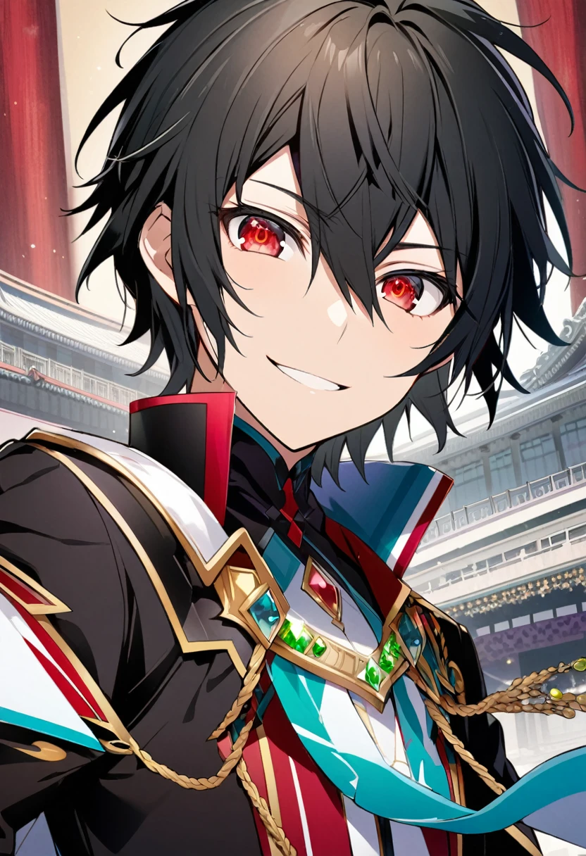 Hyakuya Yuuichiro \(AKB0048 Next Stage\), (short hair), (black hair), (bejeweled eyes), (red eyes):1.2, black costume, soft expression, smiling gently, cape, ((ultra-detailed)), ((illustration)), (neat hair)), (beautiful detailed eyes), male, 1boy, ((imperial palace)), looking at viewer