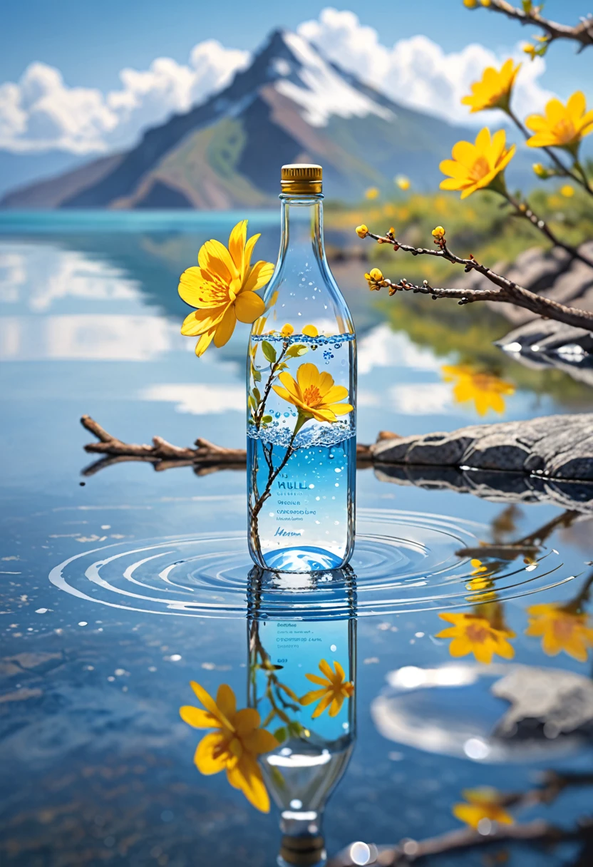Outdoor, Bottle, water, Without humans, still life, Blurred, bubble, scenery, water drop, Ocean, Day, null, blue null, cloud, Blurred background, Depth of written boundary, reflection, alone, rock, Motion Blur, Mountain, Yellow Flower, branch, ice
