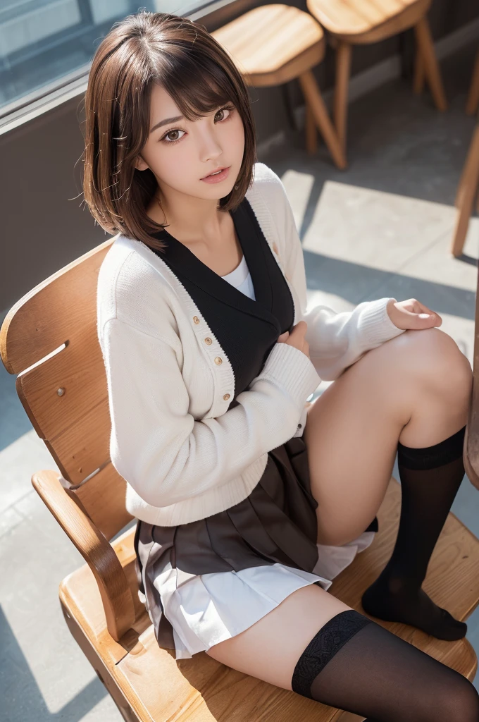 ((Medium Breasted, Small Head)), (Perfect body: 1.1), (young), (Short Wavy Hair: 1.2), (((school uniform)), (Highly detailed CG 8k wallpaper), (Very delicate and beautiful), (masterpiece), (Highest quality: 1.0), (Ultra-high resolution: 1.0), Beautiful lighting, Realistic Shadows, [High Resolution], (((Realistic Skin))), Super detailed, The thighs are a little thick, ( Beautiful long hair), Beautiful big,(blush)Photorealistic, Realistic Face, Realistic eyes, (Small eyes), (eyeliner), (mascara), sexy, (sexy woman), (Adult female), (Dark brown hair), Photo of a 20 year old woman, (White lace panties), (Sitting with legs wide spread on a wooden chair in classroom), Blurred Background,(Black high socks),( White shirt), loafers, Black socks, (Black tie), (Black pleated skirt), bangs, Brown footwear, (Shiny big), Education, (Clear brown eyes),Sitting, Panty shot, Spread your legs wide, (the whole body is shining) (Shiny on the body), ((Spread your legs wide)),fold your hands behind your back, Shiny legs, Shiny legs, Sweat, (Shiny legs), Absolute area, Spread your knees wide, Knees wide open, Black knit cardigan, ((Spread your legs), (Lift your legs), The body is slim), Top view, ((Japanese girls&#39; high school uniform)), (legs Sitting bending knees)