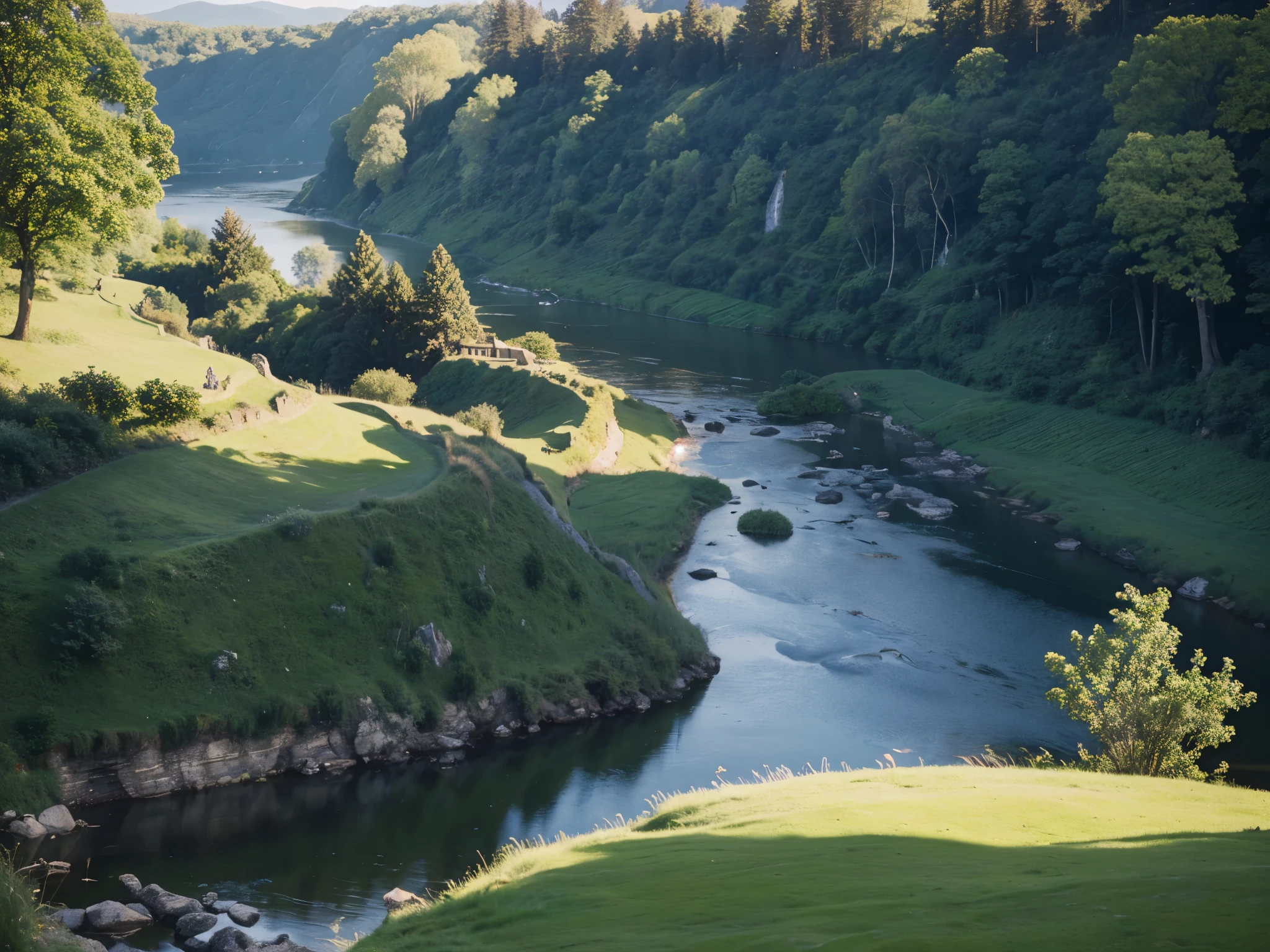 A picturesque medieval castle nestled atop a lush green hill, its stone walls weathered yet regal, overlooking a serene river snaking through the valley below. The scene evokes a sense of timeless grandeur and tranquility. This stunning photograph captures the castle in soft, golden sunlight, highlighting intricate details like ivy climbing the walls and ancient turrets reaching towards the sky. A masterpiece of composition and lighting, this image transports viewers to a bygone era of majestic beauty and solitude.