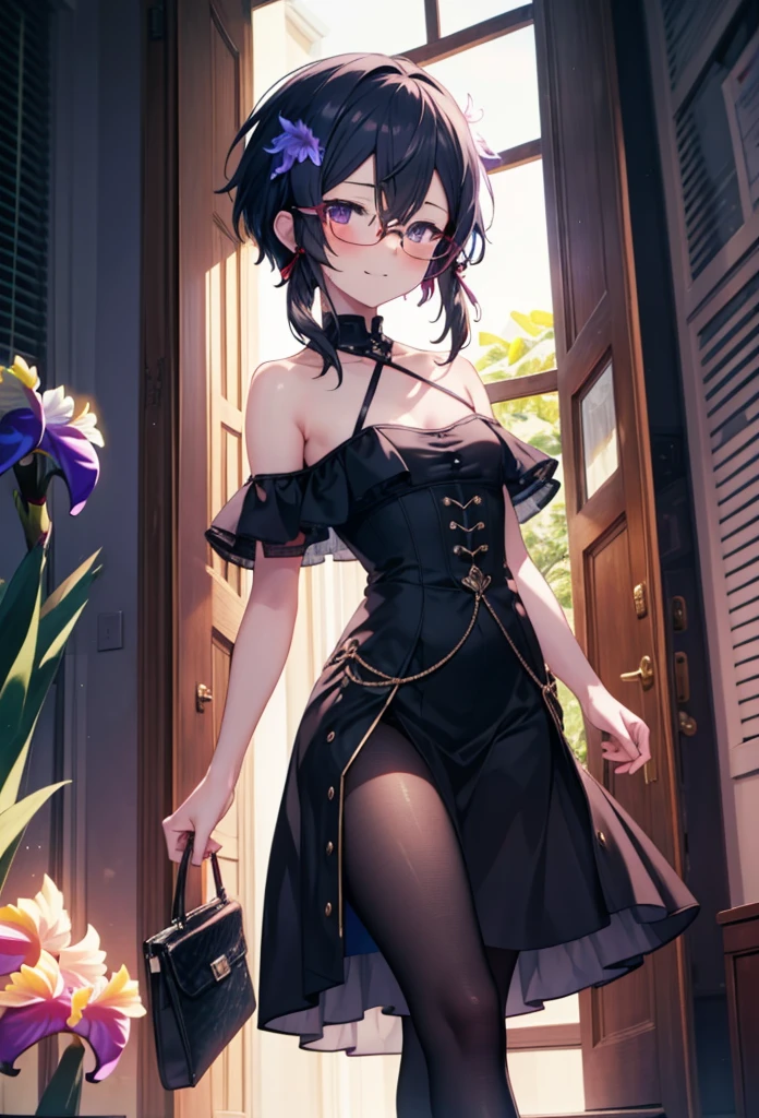 chino asada, Shino Asada, (Iris:1.5), Black Hair, Hair between the eyes, hair ribbon, short hair, Side Lock, Glasses, (Small breasts:1.2),happy smile, smile, Open your mouth,blush,Cold shoulder tops,Short sleeve,Long skirt,Black pantyhose,Stiletto heels,Walking,whole bodyがイラストに入るように,
break looking at viewer,whole body,
break outdoors, Building district,
break (masterpiece:1.2), Highest quality, High resolution, unity 8k wallpaper, (figure:0.8), (Beautiful attention to detail:1.6), Highly detailed face, Perfect lighting, Highly detailed CG, (Perfect hands, Perfect Anatomy),