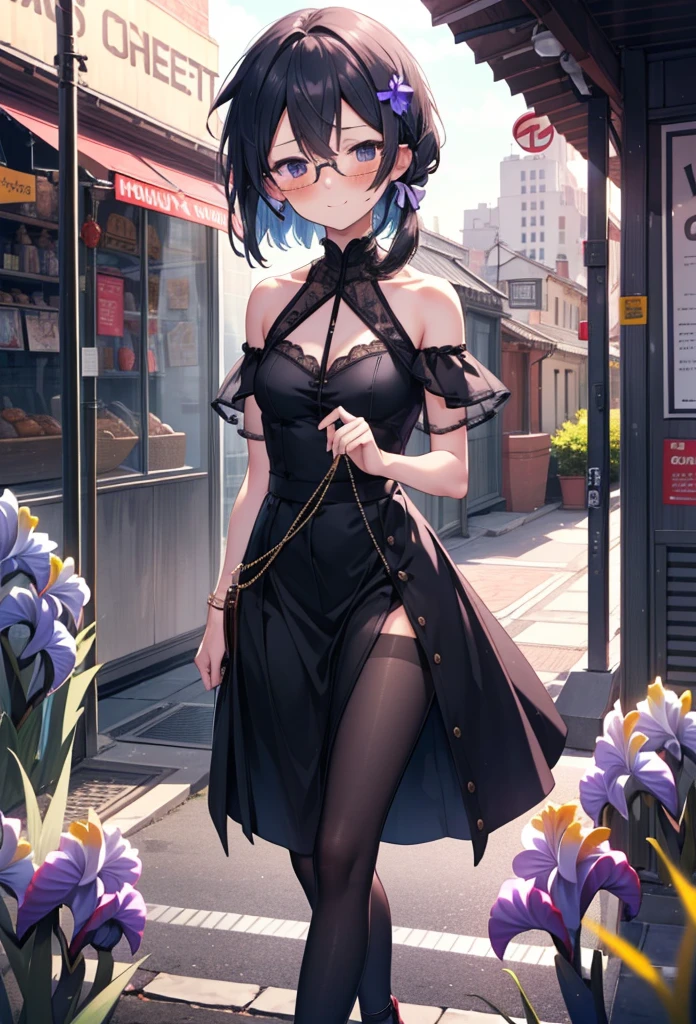 chino asada, Shino Asada, (Iris:1.5), Black Hair, Hair between the eyes, hair ribbon, short hair, Side Lock, Glasses, (Small breasts:1.2),happy smile, smile, Open your mouth,blush,Cold shoulder tops,Short sleeve,Long skirt,Black pantyhose,Stiletto heels,Walking,whole bodyがイラストに入るように,
break looking at viewer,whole body,
break outdoors, Building district,
break (masterpiece:1.2), Highest quality, High resolution, unity 8k wallpaper, (figure:0.8), (Beautiful attention to detail:1.6), Highly detailed face, Perfect lighting, Highly detailed CG, (Perfect hands, Perfect Anatomy),