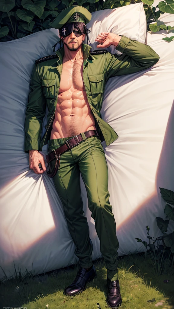 (masterpiece, highest quality, ultra high res, ultra detailed:1.3), 1 man, 40yo, (full body:1.3), green military cap, (single eyepatch:1.5), green military uniform, tall, slender, (creeping forward from bedding, on stomach, lying:1.5), 