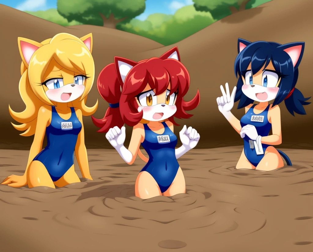 Mobian girls, best quality, HD, full body, sexy breasts girl, cat girl, group lined up, group together, 20girl, group peril, multiple girls, 5girls together, hair, 5girls upper body, 20girls in quicksand, hair, dripping, twintails, curly hair, hair, tightspace, group, multiple girls, open mouth, masterpiece, teranen, sad, one-piece swimsuit, quicksand, sinking, 20girls in quicksand, scream, hands up, gurgling, drowning, orgasm, challenge, lying, on back, group lying, group sinking, school swimsuit, panic, peril, swimsuit, one-piece swimsuit, school swimsuit, old school swimsuit, blue one-piece swimsuit, name tag