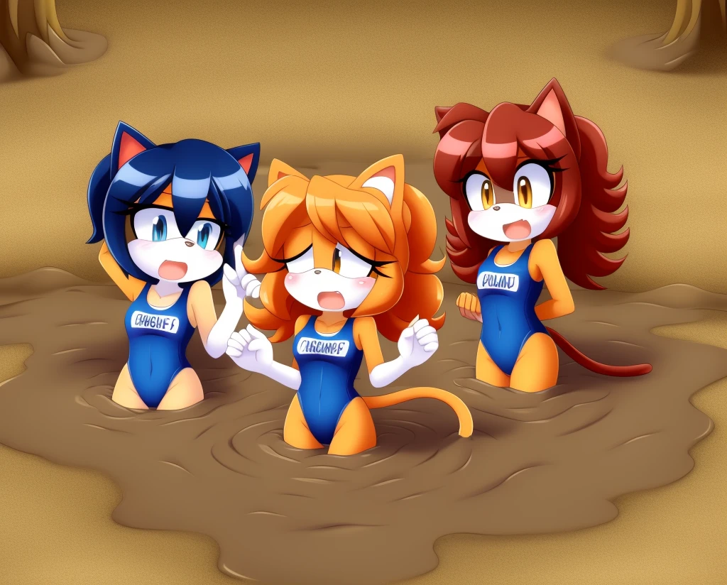 Mobian girls, best quality, HD, full body, sexy breasts girl, cat girl, group lined up, group together, 20girl, group peril, multiple girls, 5girls together, hair, 5girls upper body, 20girls in quicksand, hair, dripping, twintails, curly hair, hair, tightspace, group, multiple girls, open mouth, masterpiece, teranen, sad, one-piece swimsuit, quicksand, sinking, 20girls in quicksand, scream, hands up, gurgling, drowning, orgasm, challenge, lying, on back, group lying, group sinking, school swimsuit, panic, peril, swimsuit, one-piece swimsuit, school swimsuit, old school swimsuit, blue one-piece swimsuit, name tag