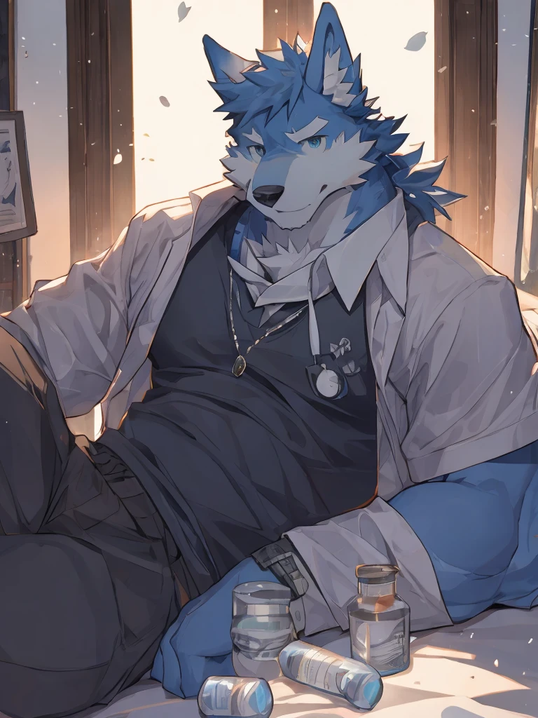 （masterpiece），（best quality），（Ultra-clear picture quality），In a cozy little house，Muscular body, Blue fur, Lying in bed, windowsill background,head tilted to one side, sunny, Wearing grey house clothes, Wolf furry character，There are several empty medicine bottles scattered on the bed