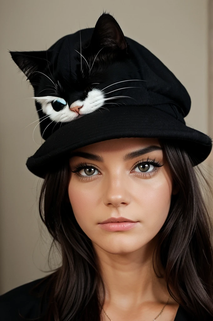 A cat wearing hat with sad black eyes