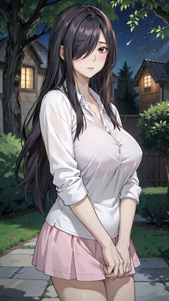 Cute mommy, mature women, realistic skin,perfect ,black hair, long hair, (hair over one eye:1.4), messy hair, hair between eyes, cute shirt,pink mini skirt, chubby,plump,fat,pucker lips,cute shy blush on,garden, under tree,night