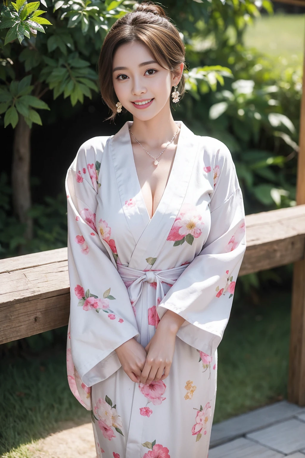 Highest quality,8K, Detailed facial depiction, Detailed description of the eyes,One Woman, Light brown hair(Short Hair),Hair tied up,Beautiful Japanese Girl,24-years-old,Cute eyes,Cute Smile,Yukata beauty,White floral yukata,Slender body, Large, plump breast size, Long and beautiful legs,Smiling, Colorful earrings,necklace,Are standing,Beautiful nape,Summer festival