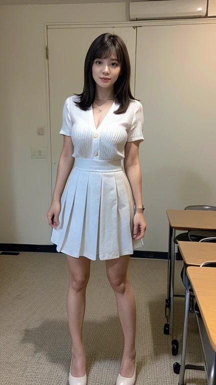 Feeling sluggish,(((8k、High resolution、highest quality、High resolution)))alone、Natural body shape、White skin、Natural Makeup、Black Hair、bangs、 Long Hair、(Big Breasts),Looking at the camera、Bedroom、(Business look), ((teacher)), White ribbed short sleeve V-neck, Formal blue tight skirt,mini skirt , necklace、((Full body photo))