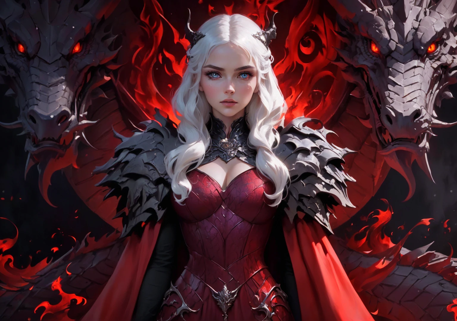 (Masterpiece), (film Style), (Super Detailed), (Beautiful), (UHD, HDR), (8K), (High Resolution: 1.2), (Complex and Beautiful: 1.2), (Dramatic Lighting: 1.2),Snow White as a beautiful lady of House Targaryen of Westeros, full body, black gold and red colors, Western Dragon and Fire detailing, purple eyes