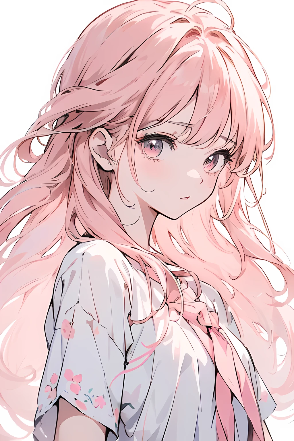 Anime Moe Art Style, Anime Style 4K, (((masterpiece))), (((The best quality at its best))), ((Extremely delicate and beautiful)),(Cute and delicate face),One cute girl, Light pink hair, Fluffy long hair, Bangs, Plain white background,