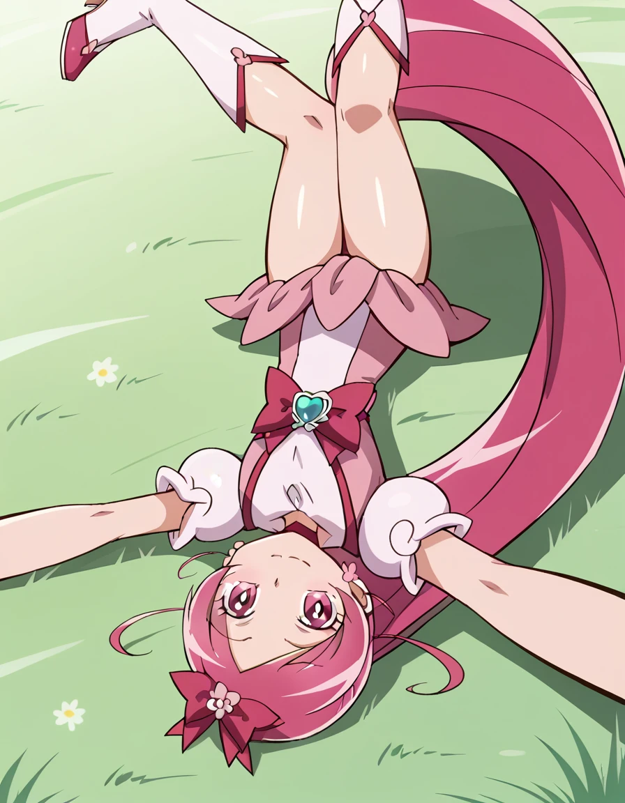 cureblossom, shiny skin, high quality, solo, lying, on back, arms up, spread arms, closed mouth, on grass, cowboy shot, looking at viewer, nervous, smile, best quality, center,