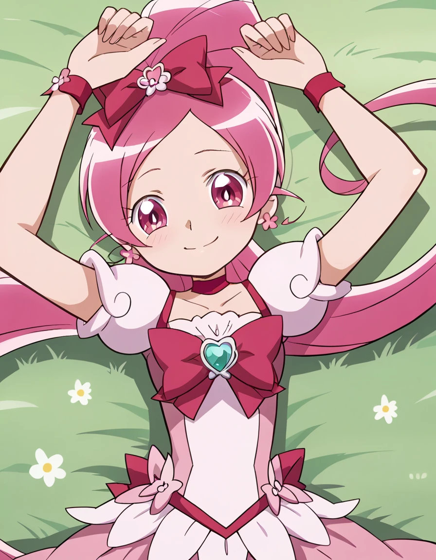 cureblossom, shiny skin, high quality, solo, lying, on back, arms up, spread arms, closed mouth, on grass, cowboy shot, looking at viewer, nervous, smile, best quality, center,