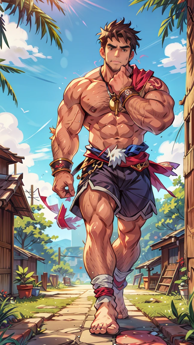 Youthful feeling,( Tattoo),(Thick body hair),Upper body,(He was wearing baggy shorts,Revealing his length, muscular, hairy),(Leaning against a tree),(For the audience) ,(Put his hands on his waist), (Focus on your audience) ,(There is a huge bulge in the area),sideways,Sharp eyes,(Thick dark brown hair),(Bottom-up view),Broad shoulders,Muscles protrude a lot,Highest image quality,cartoon ,Anime Wallpaper,Chest muscle expansion,spread your legs,Sexy,(main part, best quality),((Exaggerated muscle bulge)),The protagonist is tall,muscular and bulky, muscular characters, Awesome and cool, tall and muscular, muscular!!, Very strong, muscular attractive men, Huge muscles, Big Muscle, Muscle Man, Anime handsome man, muscular!, Giant muscles, muscular bodies,(canto da foto de baixo para cima) (imagem da mais alta qualidade) ,Close-up photos,Lion man ,real, jovem, , vestindo shorts, virilha saliente, imagem de anime, Leaning against a tree, pernas bem abertas, male face, bonito rosto jovem, cabelo subcortado, huge muscle muscles of the chest, large strong thigh muscles, Biceps Sinewy muscles, Corpo enorme, corpo tonificado devido ao treinamento intenso, Well-developed muscles, ABS transparente de 8 embalagens, 3 metros de altura, topless, , pele brilhante, rede de suor pingando, (hands on thighs), bare feet, Sem barba,Thick Legs,