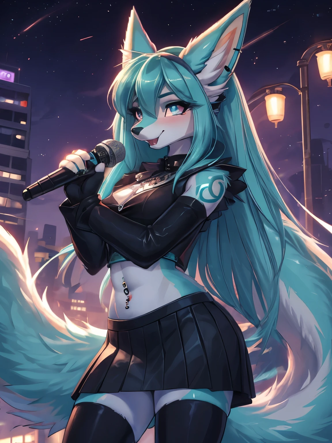 Chica anime,tennage girl 18 years old, anime style, cute hatsune miku x suicune, Chica tímida , Orejas de Kitsune, arte de dark natasha, city landscape, arte de vixen aztra, cuerpo completo, platas hermosas, cintura delgado, caderas amplias, piernas torneadas, hermosa, foto de cuerpo completo, navel blouse, black skirt, navel piercing, ear piercing, navel tattoo, atrevid pose, back pose, fluffly tail, sensual eyes (la mejor definicion) long hair, black flash, city party, city night life, party girl, idol girl, girl with microphone singing, glowing body