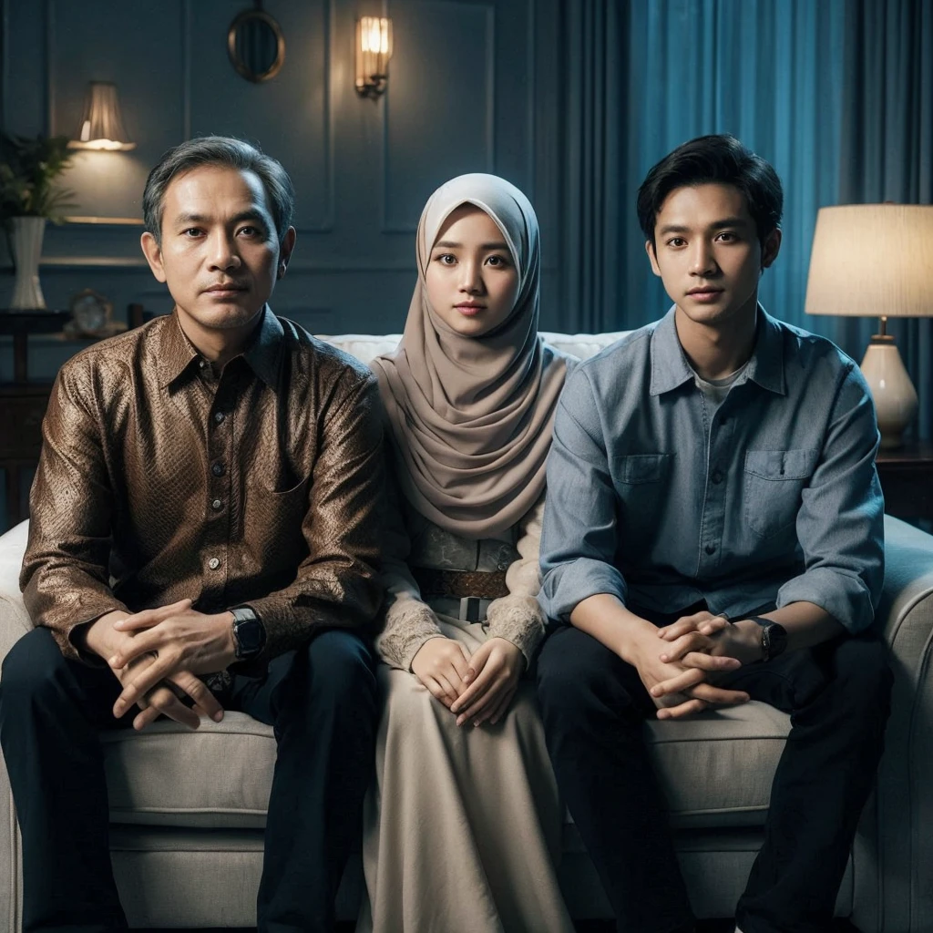 photo of an Indonesian family of three, 50 year old father, 20 year old girl wearing a hijab, 20 year old man, they are wearing casual clothes, sitting in luxury living room chairs, living room wall background, studio photo, realistic, blue lighting, ultra HD, 8k