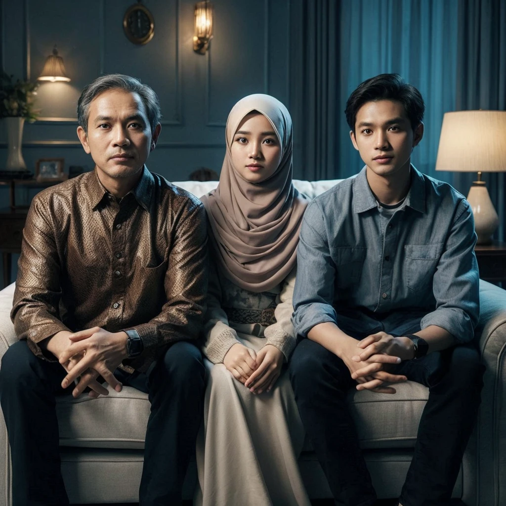 photo of an Indonesian family of three, 50 year old father, 20 year old girl wearing a hijab, 20 year old man, they are wearing casual clothes, sitting in luxury living room chairs, living room wall background, studio photo, realistic, blue lighting, ultra HD, 8k