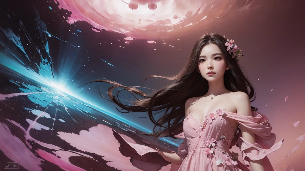 32k, Masterpiece, Highest quality, One girl, Detailed eyes, flower,Sandersonia, Pink and brown style,A dreamy, romantic piece,Pale pink, Mysterious Leaves,A playful arrangement,Fantasy,High Contrast,Ink strokes,explosion,Exposure, Impression of pink and brown tones,Abstract,((Watercolours by John Berkey and Jeremy Mann )) Brush strokes,Negative Space, Tyndall effect,