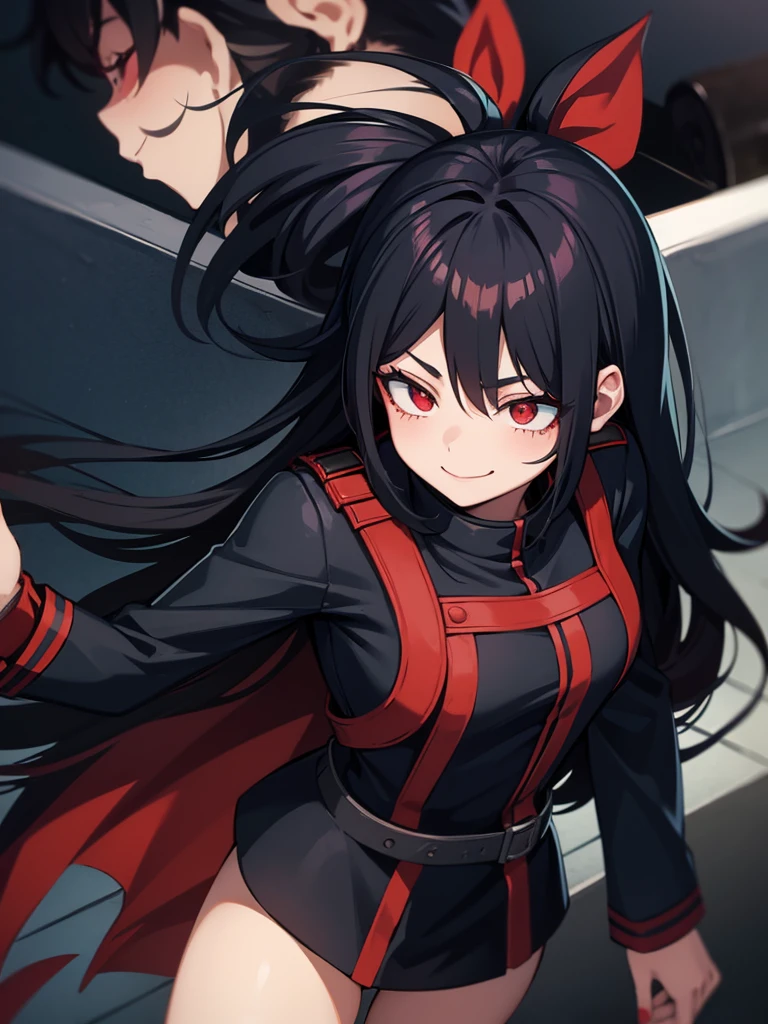A girl with the anime style of my hero academia and in uniform with black hair with red strands and her hair covering part of her face and sharp eyes, one black and one red, smiling with a hero costume 