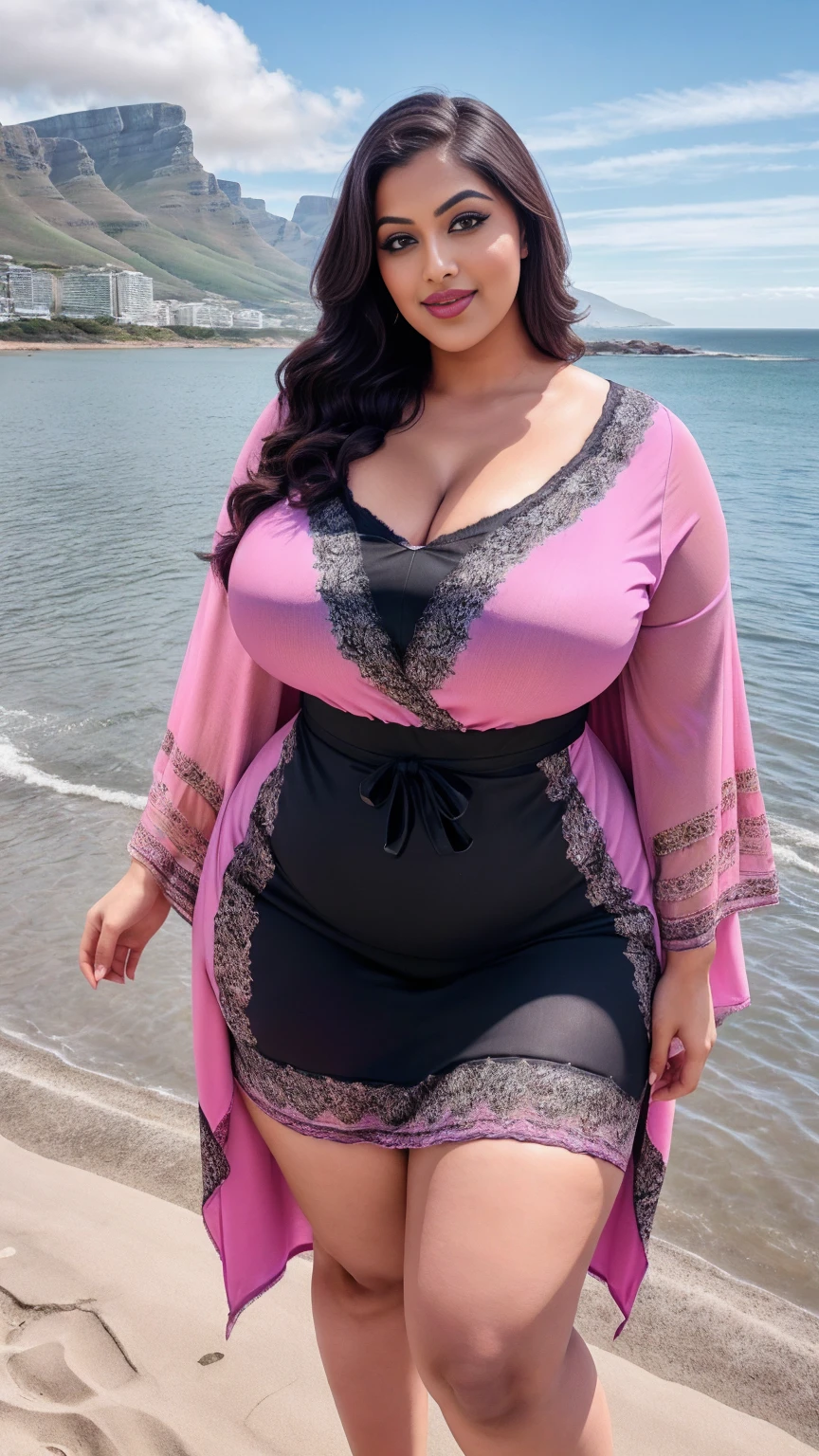 Indian gorgeous curvy plus size actress madhubala, glowing eyes, wearing SHEIN Najma Jacquard Notched Batwing Sleeve Kaftan SHEIN Najma Jacquard Notched Batwing Sleeve Kaftan SKU: sn2111123998500733 elegant party wear Modest Dresses Color: Hot Pink Color: Hot Pink, parted lips, thick thighs, bigger waist, busty, curvy plus size body, full body, full body shot, head to toe view, hourglass body, curvy plus size body, smile face, bigger waist, busty, big hips, fleshy thighs, thick thighs, busty, full body view, Cape Town, South Africa: Table Mountain backdrop with stunning coastal views.