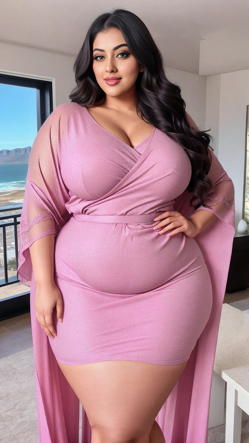 Indian gorgeous curvy plus size actress madhubala, glowing eyes, wearing SHEIN Najma Jacquard Notched Batwing Sleeve Kaftan SHEIN Najma Jacquard Notched Batwing Sleeve Kaftan SKU: sn2111123998500733 elegant party wear Modest Dresses Color: Hot Pink Color: Hot Pink, parted lips, thick thighs, bigger waist, busty, curvy plus size body, full body, full body shot, head to toe view, hourglass body, curvy plus size body, smile face, bigger waist, busty, big hips, fleshy thighs, thick thighs, busty, full body view, Cape Town, South Africa: Table Mountain backdrop with stunning coastal views.