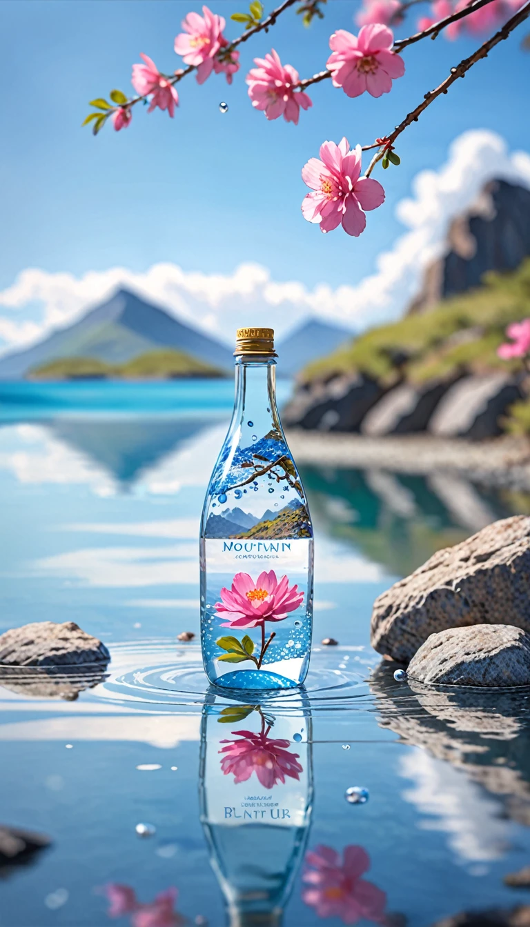 Outdoor, Bottle, water, Without humans, still life, Blurred, bubble, scenery, water drop, Ocean, Day, null, blue null, cloud, Blurred background, Depth of written boundary, reflection, alone, rock, Motion Blur, Mountain,Pink Flower, branch, ice