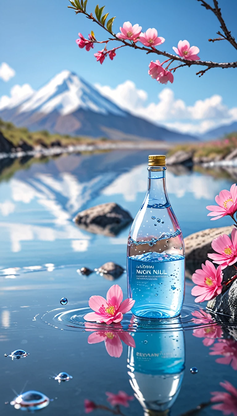 Outdoor, Bottle, water, Without humans, still life, Blurred, bubble, scenery, water drop, Ocean, Day, null, blue null, cloud, Blurred background, Depth of written boundary, reflection, alone, rock, Motion Blur, Mountain,Pink Flower, branch, ice