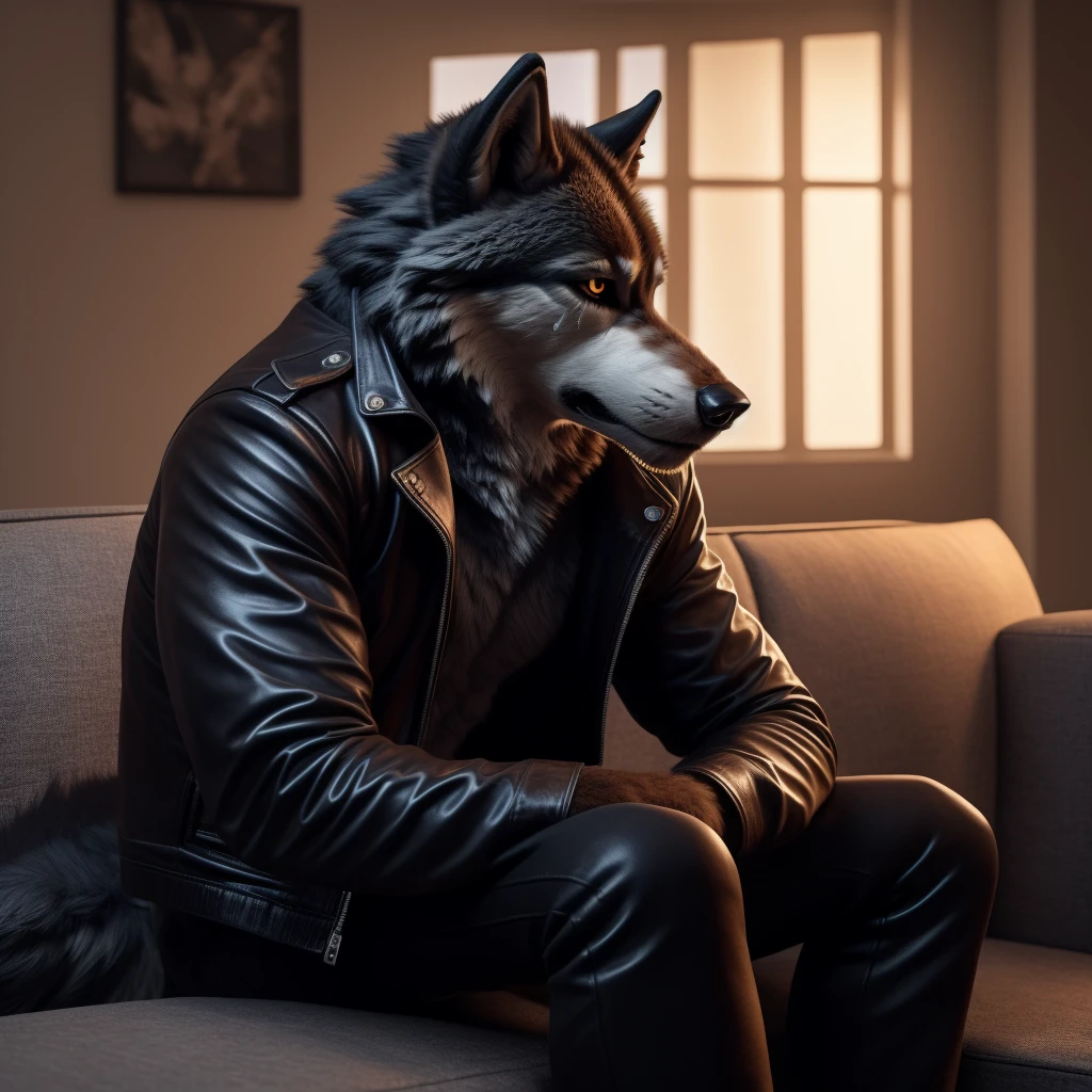 Posing, Male, 30 years old, sad face, crying, black leather jacket, anthro, sad wolf ears, (black fur:1.5), wolf, log cabit backgroud, 8k, hi res, (best quality, masterpiece), (wolf tail:1.5), detailed fur, sitting on couch