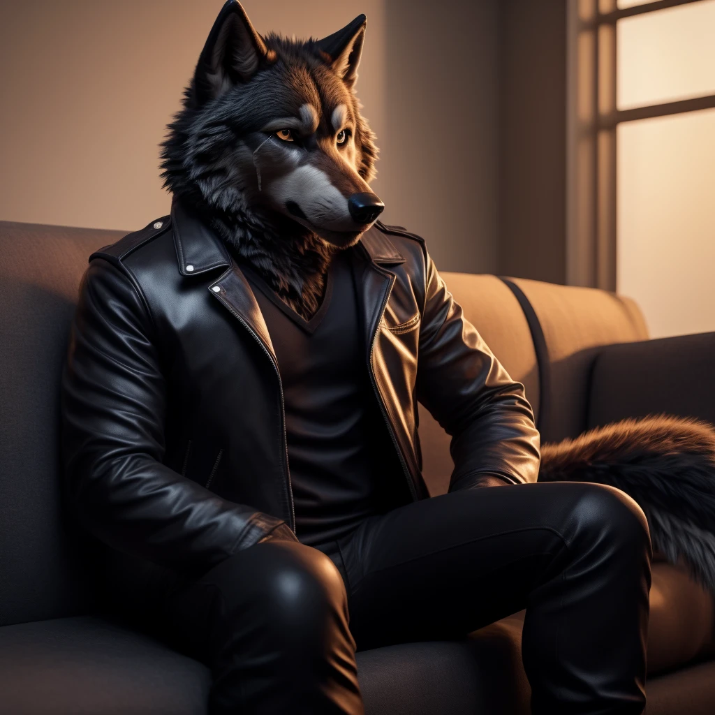 Posing, Male, 30 years old, sad face, crying, black leather jacket, anthro, sad wolf ears, (black fur:1.5), wolf, log cabit backgroud, 8k, hi res, (best quality, masterpiece), (wolf tail:1.5), detailed fur, sitting on couch