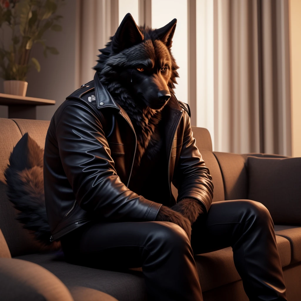 Posing, Male, 30 years old, sad face, crying, black leather jacket, anthro, sad wolf ears, (black fur:1.5), wolf, log cabit backgroud, 8k, hi res, (best quality, masterpiece), (wolf tail:1.5), detailed fur, sitting on couch