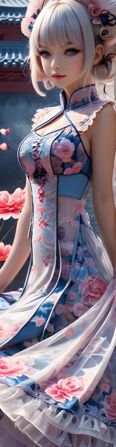 Femme geisha portant une sublime Cheongsam dress très détaillé en dentelle fractal, Sexy, Costume ta, Lingerie Anime Babydoll Costume, Joli Style Chinois Cosplay, Chemise de nuit sexy pour femme avec col montant imprimé creux et fente latérale et dos nu, jupe courte fendue haute, éclairage romantique et sensuel, sublime poitrine effet push-up , ((proportions parfaites, masterpiece, hyperRéaliste, masterpiece, superior quality, high resolution, Extremely detailed, highly detailed 8K wallpaper, détails fractales, pieds nus))