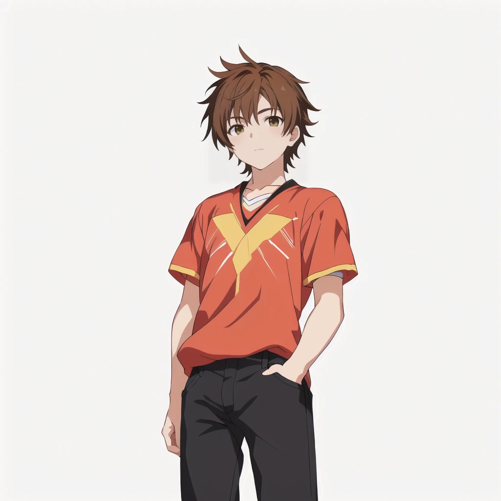 Highest quality, high resolution, High quality anime art style, Official Art, Smooth anime CG art, Stylized anime, Rendering of a young anime guy, Visual Novel Sprites, White background, whole body, Anime-style 3D, Smooth anime CG art, Humanoid Male, JRPG Characters, Anime boy in black denim and red shirt, Light brown hair anime boy,