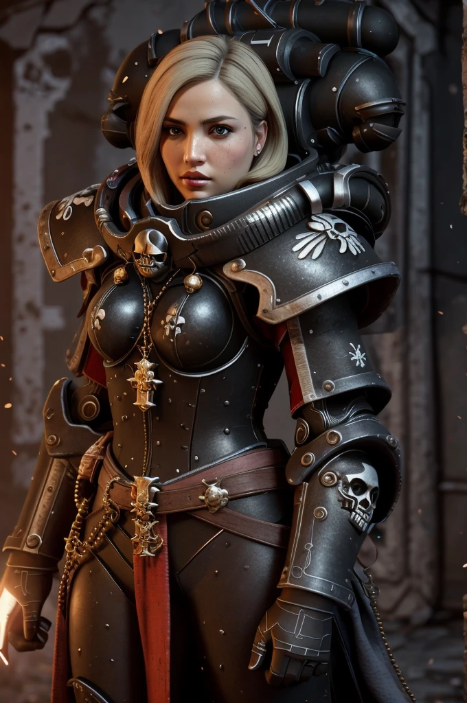 a highly detailed and realistic portrait of a beautiful blonde woman wearing power armor with a skull emblem, looking directly at the viewer, ultra-detailed, 8k, photorealistic, cinematic lighting, dramatic color palette, masterpiece, edg quality