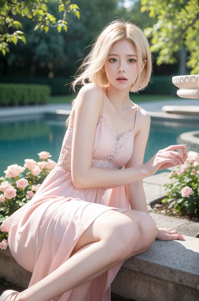 8K, RAW photos, Fujifilm, Fashion photo of a beautiful young woman Avril Lavigne in a light pink rose garden (Very delicate skin: 1.2) Style - Petal BREAK Short Hair, Blonde, Wearing a dress, Film granulation, 35 mm, Cute style