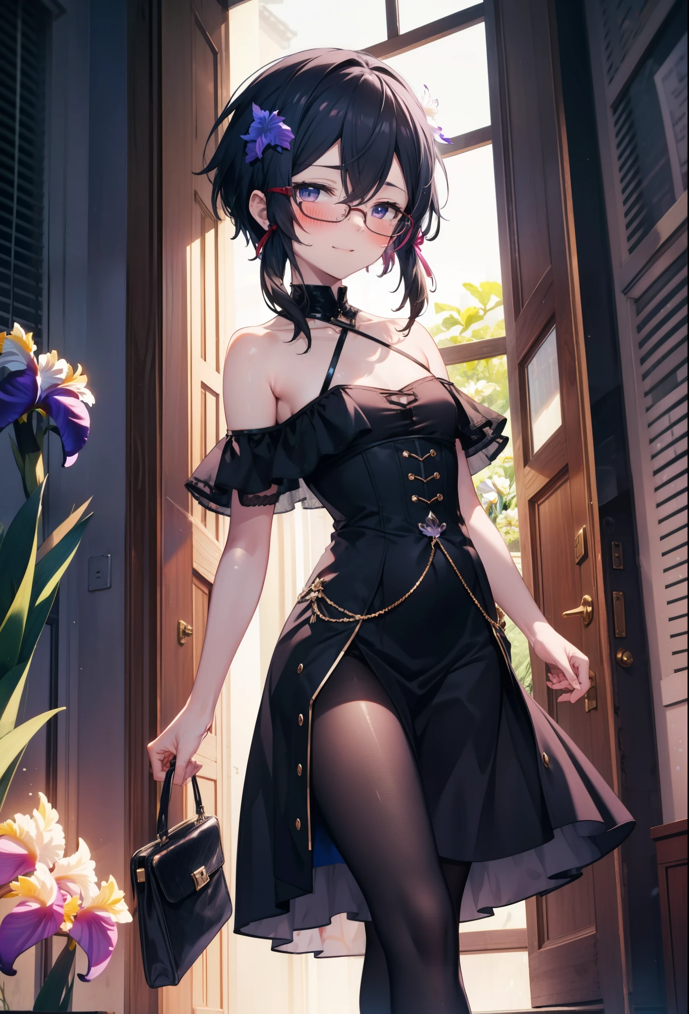 chino asada, Shino Asada, (Iris:1.5), Black Hair, Hair between the eyes, hair ribbon, short hair, Side Lock, Glasses, (Small breasts:1.2),happy smile, smile, Open your mouth,blush,Cold shoulder tops,Short sleeve,Long skirt,Black pantyhose,Stiletto heels,Walking,whole bodyがイラストに入るように,
break looking at viewer,whole body,
break outdoors, Building district,
break (masterpiece:1.2), Highest quality, High resolution, unity 8k wallpaper, (figure:0.8), (Beautiful attention to detail:1.6), Highly detailed face, Perfect lighting, Highly detailed CG, (Perfect hands, Perfect Anatomy),