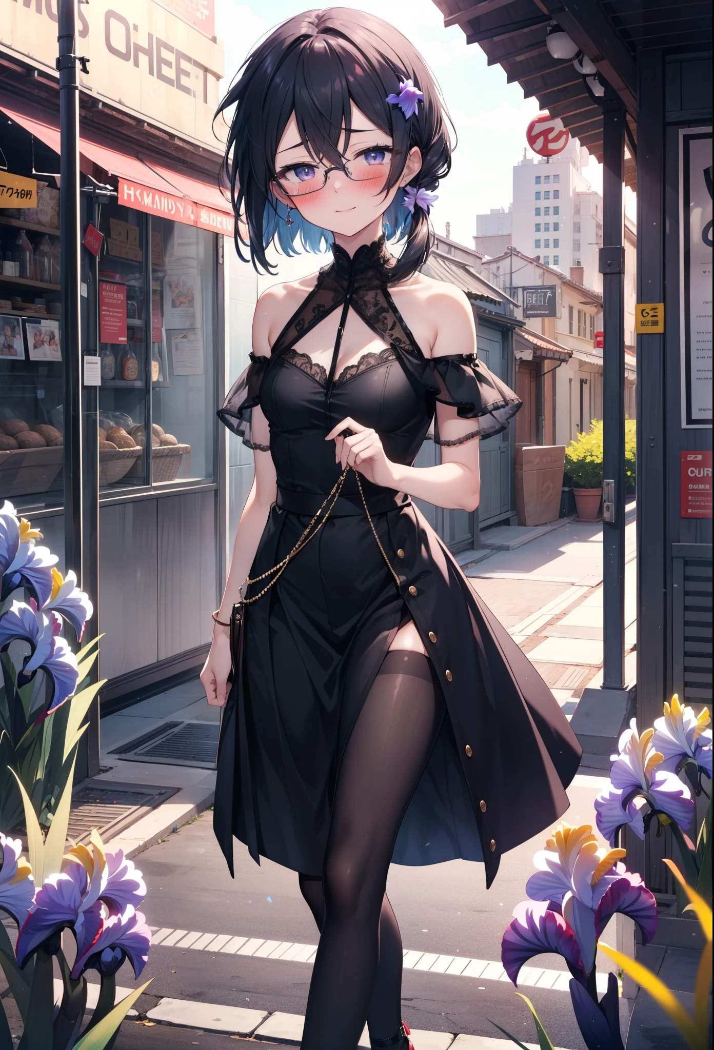 chino asada, Shino Asada, (Iris:1.5), Black Hair, Hair between the eyes, hair ribbon, short hair, Side Lock, Glasses, (Small breasts:1.2),happy smile, smile, Open your mouth,blush,Cold shoulder tops,Short sleeve,Long skirt,Black pantyhose,Stiletto heels,Walking,whole bodyがイラストに入るように,
break looking at viewer,whole body,
break outdoors, Building district,
break (masterpiece:1.2), Highest quality, High resolution, unity 8k wallpaper, (figure:0.8), (Beautiful attention to detail:1.6), Highly detailed face, Perfect lighting, Highly detailed CG, (Perfect hands, Perfect Anatomy),