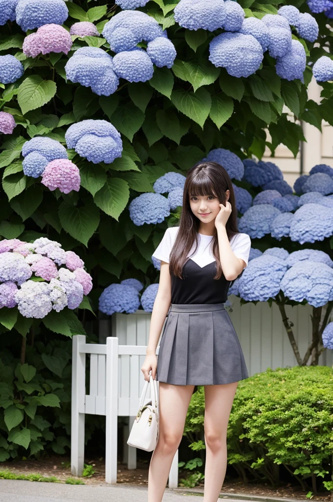 A 21-year-old girl wearing a miniskirt、In the hydrangea park。