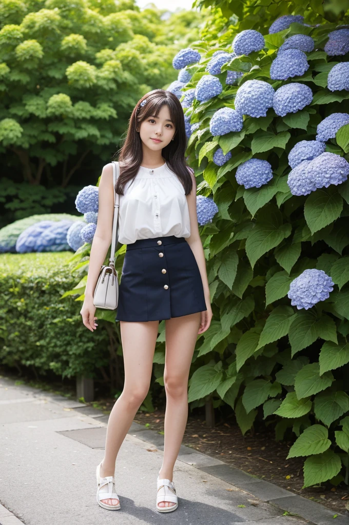 A 21-year-old girl wearing a miniskirt、In the hydrangea park。