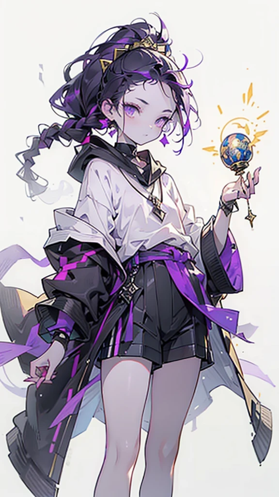 cheerful boy with open forehead. dark purple hair braided in a ponytail on the left side to one side. sinuous black horns wrapped in dark purple ribbon. pale violet eyes. in short dark purple shorts. long white T-shirt. dark purple knee-high socks. a white long robe with a hood flutters in the wind. black ancient stone walls of the castle purple light from lamps with gold ornaments
