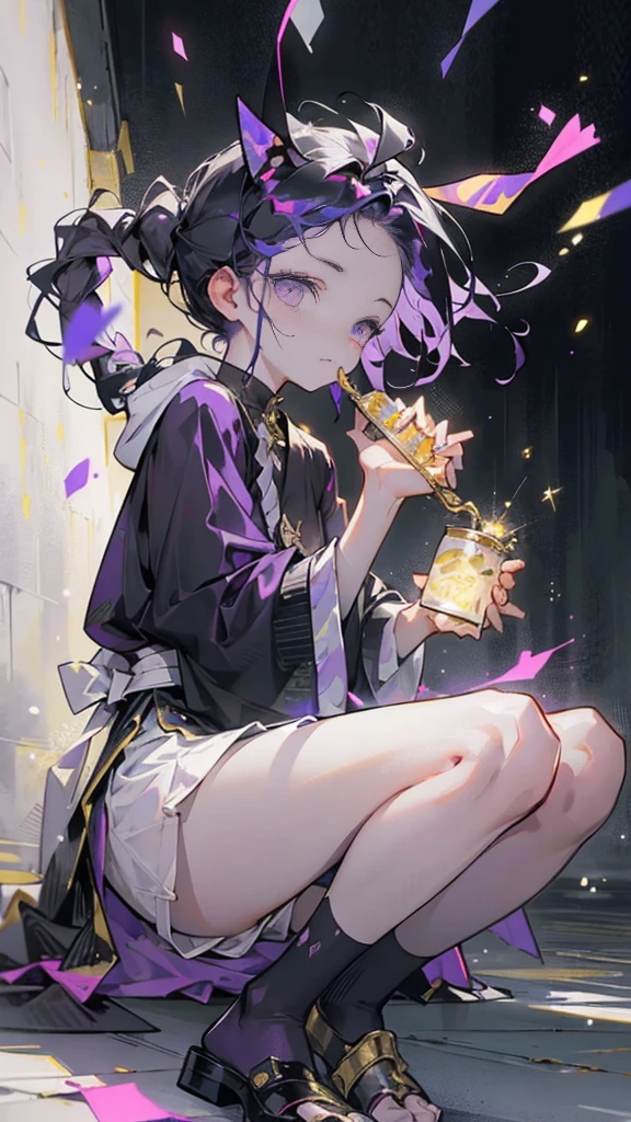 cheerful boy with open forehead. dark purple hair braided in a ponytail on the left side to one side. sinuous black horns wrapped in dark purple ribbon. pale violet eyes. in short dark purple shorts. long white T-shirt. dark purple knee-high socks. a white long robe with a hood flutters in the wind. black ancient stone walls of the castle purple light from lamps with gold ornaments
