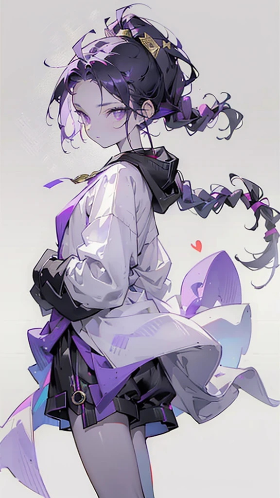 cheerful boy with open forehead. dark purple hair braided in a ponytail on the left side to one side. sinuous black horns wrapped in dark purple ribbon. pale violet eyes. in short dark purple shorts. long white T-shirt. dark purple knee-high socks. a white long robe with a hood flutters in the wind. black ancient stone walls of the castle purple light from lamps with gold ornaments