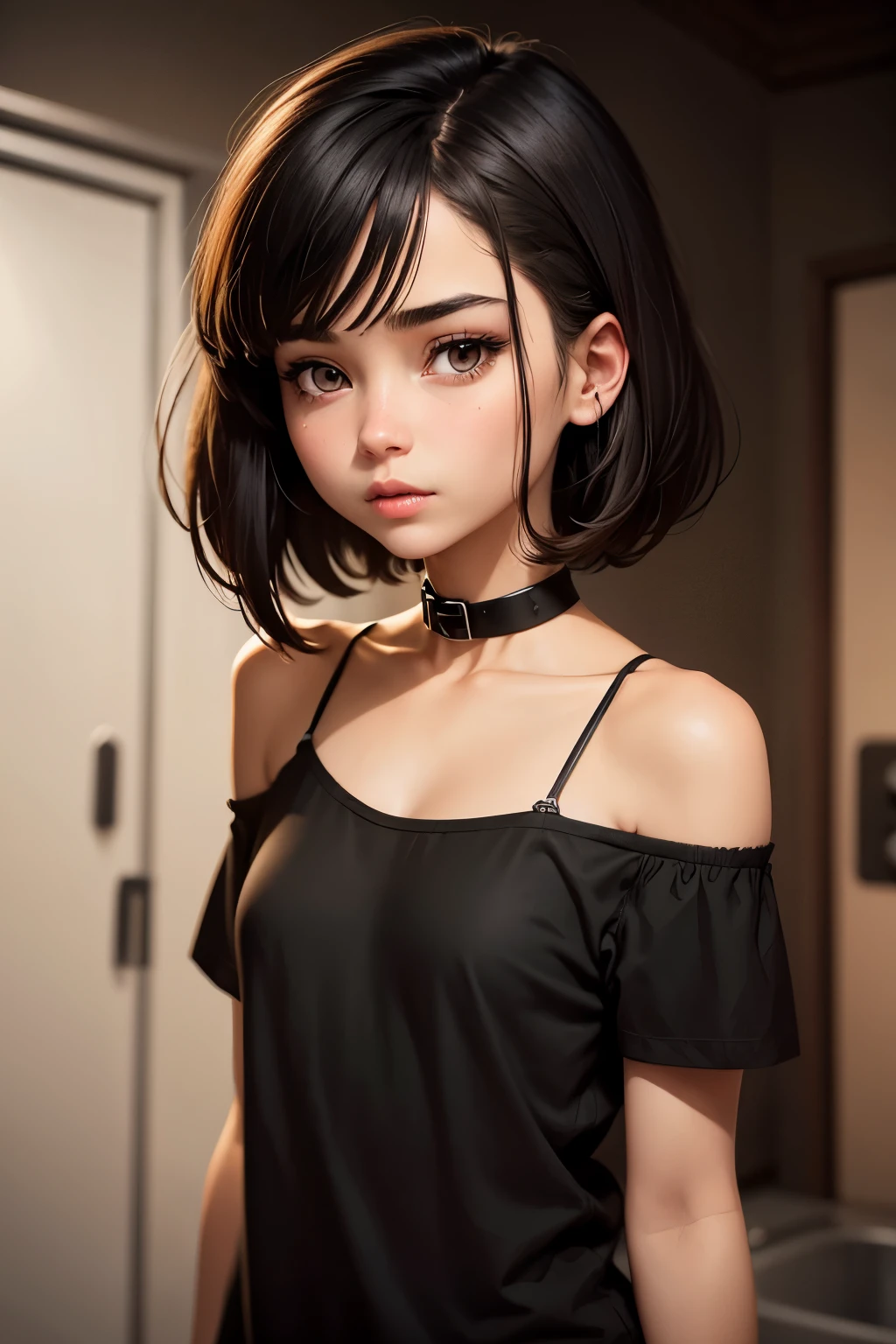 animated cartoon,girl with short shoulder-length hair, black eyed brunette, locks I faced, collar, black t-shirt and a pirching on the lip