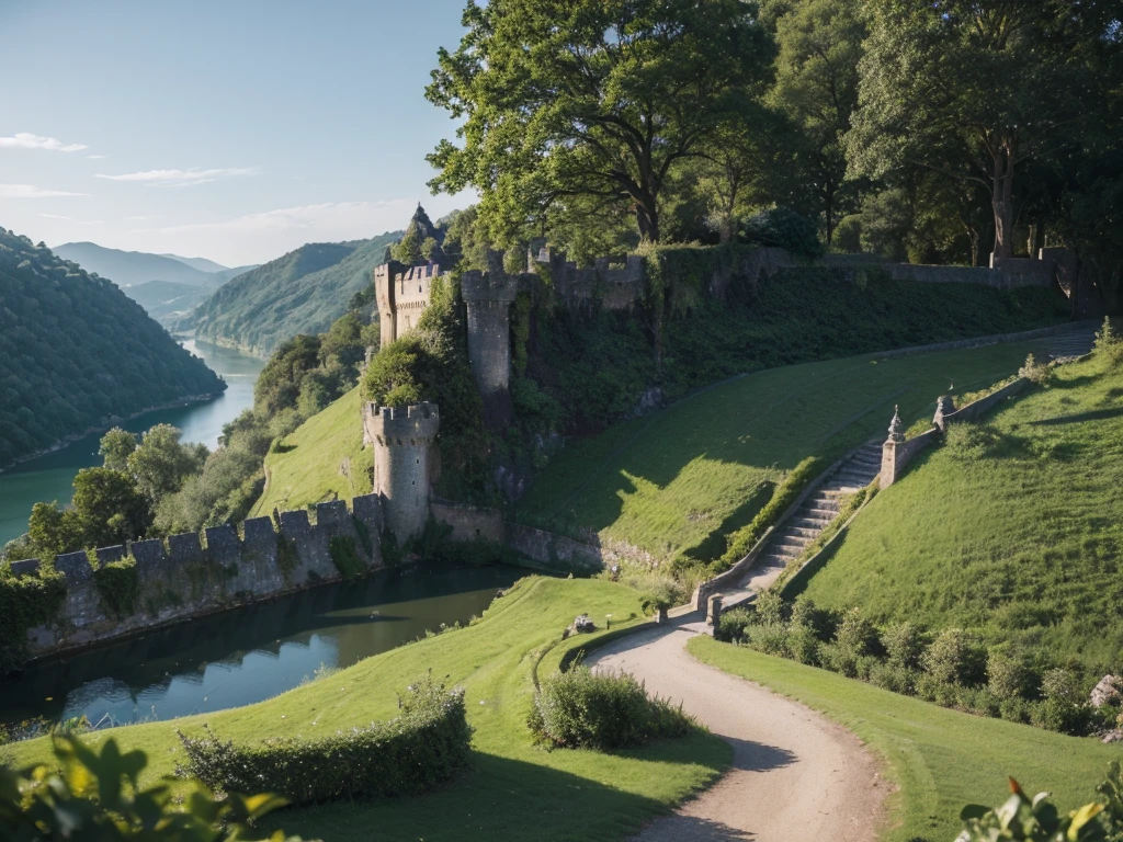 A picturesque medieval castle nestled atop a lush green hill, its stone walls weathered yet regal, overlooking a serene river snaking through the valley below. The scene evokes a sense of timeless grandeur and tranquility. This stunning photograph captures the castle in soft, golden sunlight, highlighting intricate details like ivy climbing the walls and ancient turrets reaching towards the sky. A masterpiece of composition and lighting, this image transports viewers to a bygone era of majestic beauty and solitude.